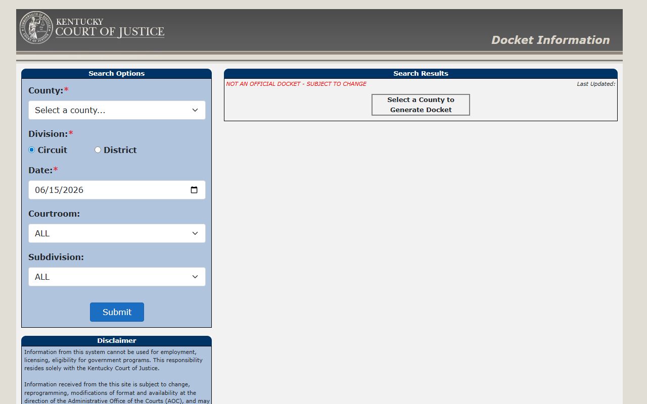 Kentucky docket search fields for Leslie County court records after arrest