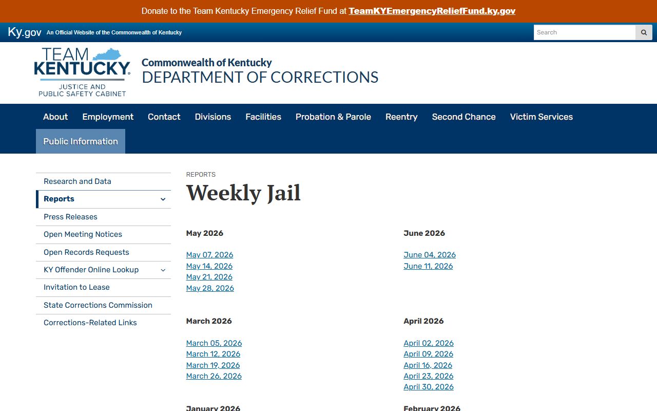 Kentucky DOC Weekly Jail report index for Leslie County inmate population data
